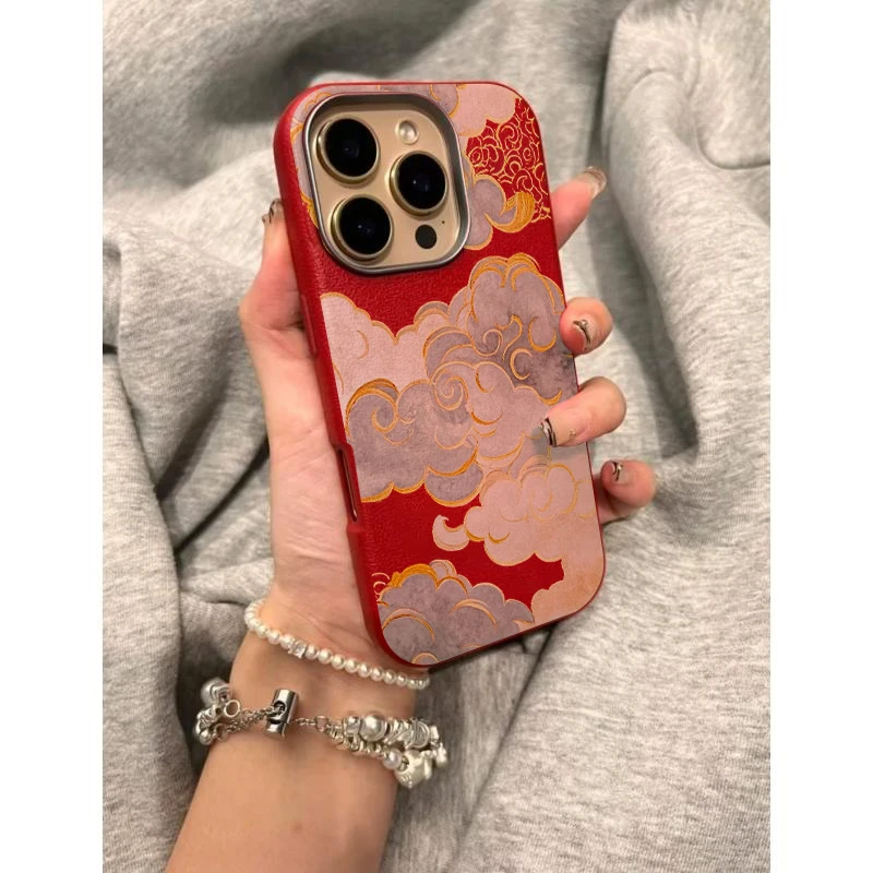 Luckyins风金边祥云适用iPhone16/15荔枝纹14金属框12手机壳13套