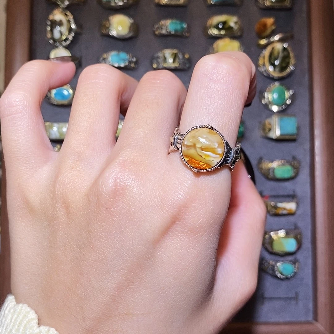 琥珀戒指银S925镶嵌戒指