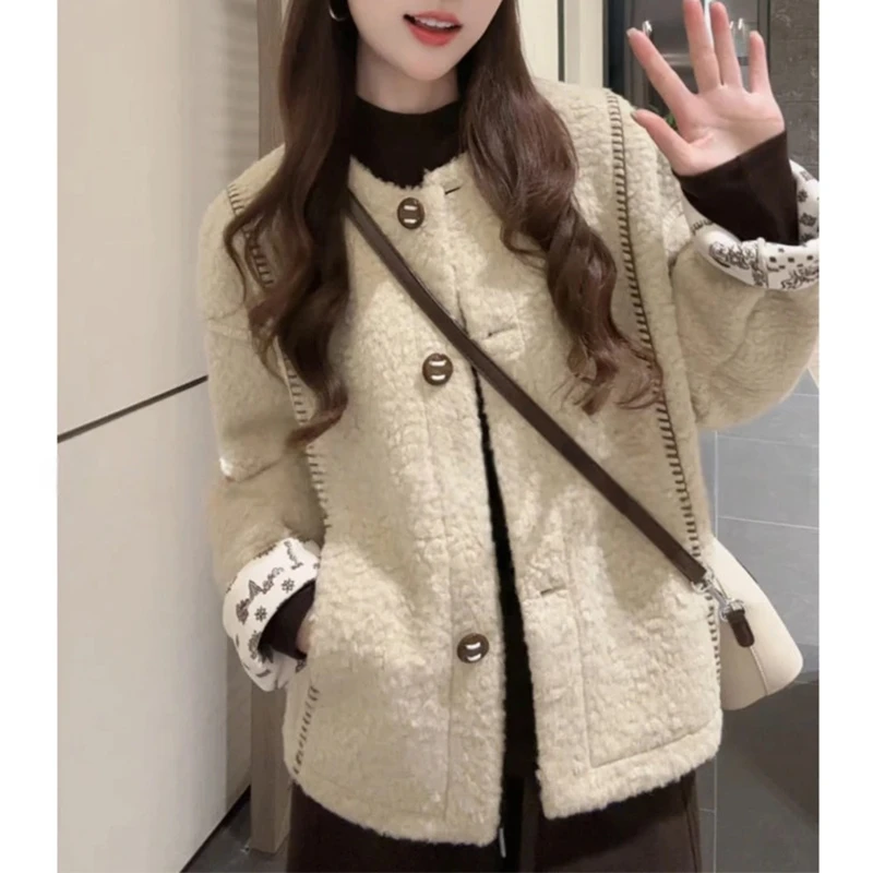 法式气质小香风宽松百搭明线圆领毛绒开衫外套小众女装设计感时髦