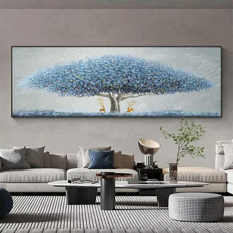 发财树客厅装饰画大气现代简约沙发背景墙挂画一整幅横版晶瓷壁画