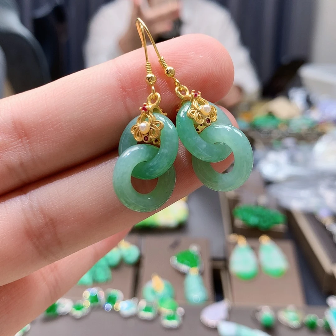 翡翠银S925镶嵌耳饰天然缅甸A货翡翠耳坠