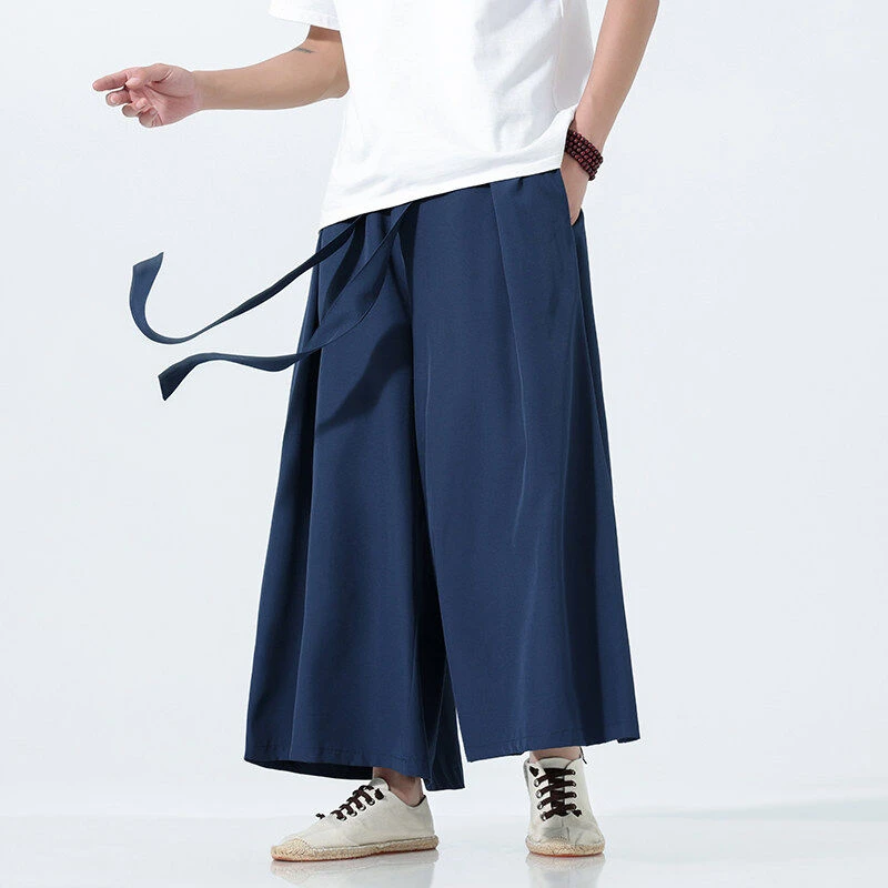 新中式唐装飘带冰丝九分裤男夏季薄款中国风宽松透气垂感阔腿裙裤