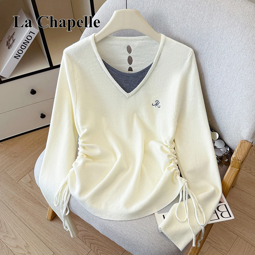 拉夏贝尔秋冬撞色小V领抽绳褶皱针织衫女装设计感刺绣上衣打底衫