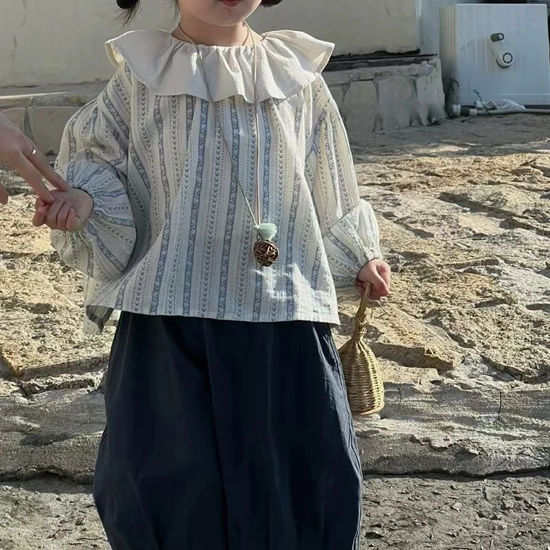 2025春季新款韩版童装女童春装荷叶边衬衫ins上衣儿童哈伦裤套装