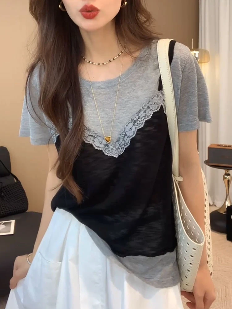 蕾丝假两件拼接短袖T恤女2025夏季新款小众时尚宽松显瘦休闲上衣