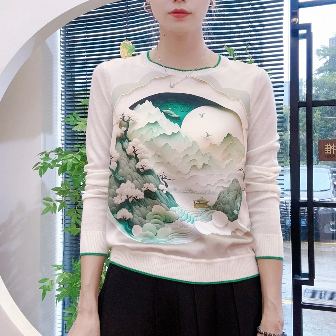 AW 25185 【听泉茉莉】2025秋桑蚕丝印花拼接绢丝羊毛上衣