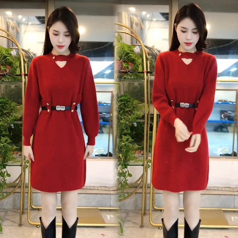 小心机设计红色毛衣裙女春秋2025新款内搭中长款针织打底衫配大衣