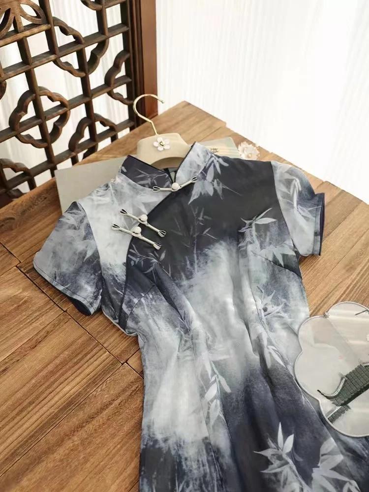 581-灰 竹 网纱 年轻 改良 款 旗袍