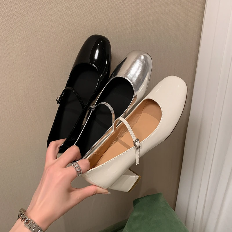 【邓老师】羊皮/6cm/圆头玛丽珍单鞋女一字带粗高跟夏季仙女甜美风