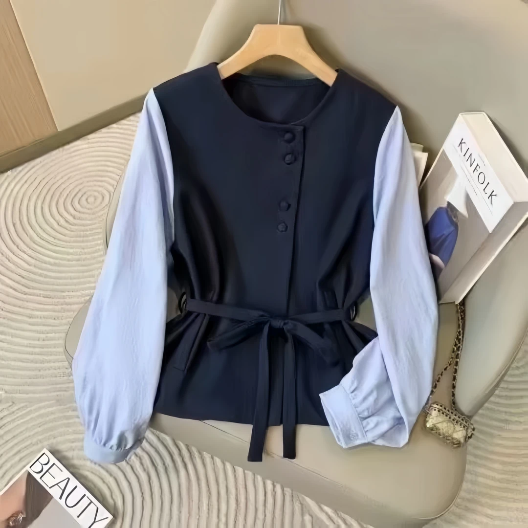 十三行韩版气质百搭拼接假两件长袖法式设计秋装女款爆款2025新款