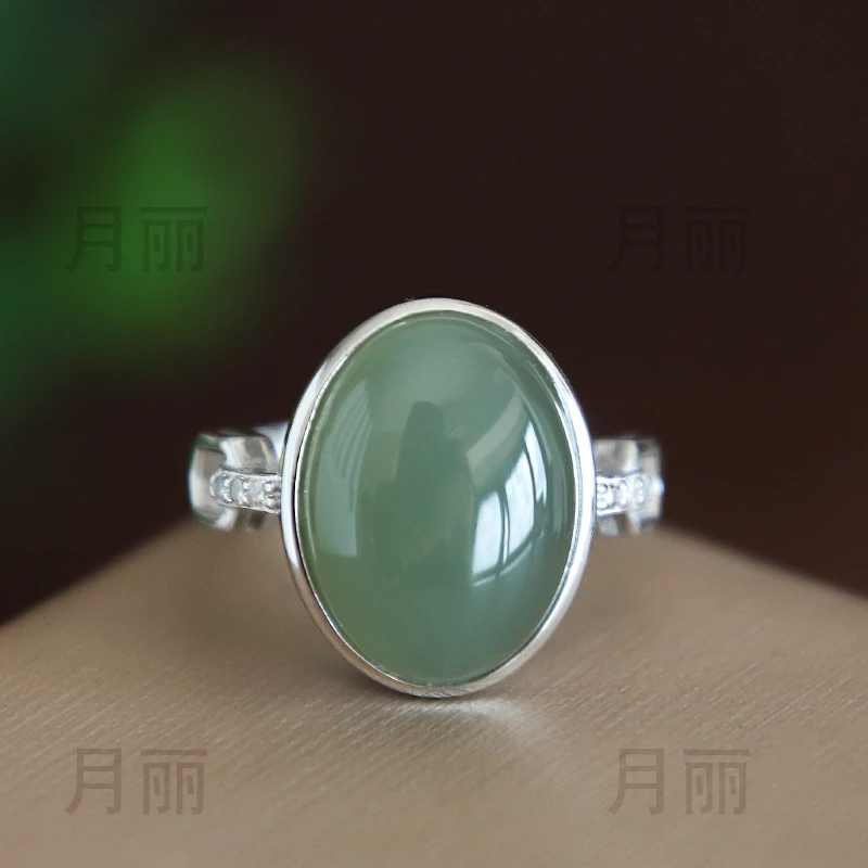 天然和田玉青玉戒指女冰底老料活口可调节玉石戒指时尚大气显高级