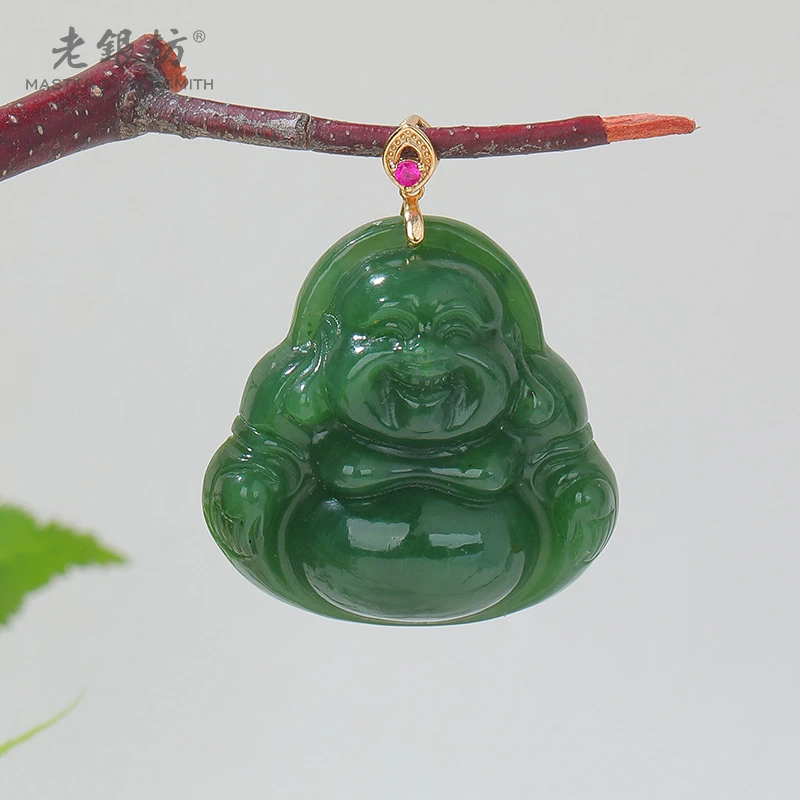 【老银坊】s925银镀金碧玉佛公吊坠 复古气质 00232944