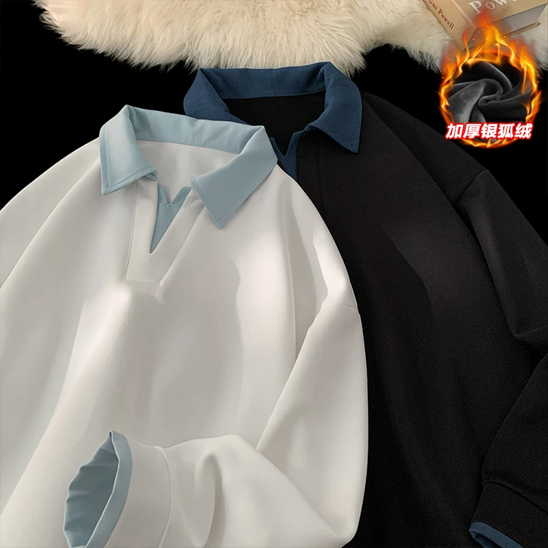 假两件翻领卫衣男秋冬季加绒加厚美式重磅宽松胖子潮大码男装上衣