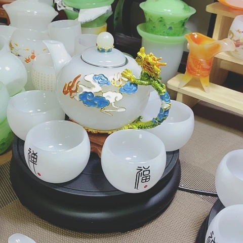 羊脂玉瓷琉璃中式珐琅彩龙腾盛世一壶六杯礼盒套装