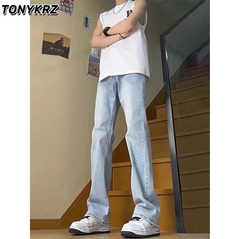 TONYKRZ美式复古做旧水洗微喇牛仔裤男cleanfit街头宽松直筒长裤