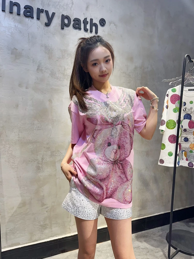 潮牌短袖烫钻项链闪亮减龄满钻石小熊半袖宽松甜美粉色女T恤