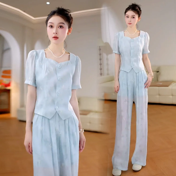 简约设计感休闲套装女2025年夏季新款收腰显瘦上衣阔腿裤两件套潮