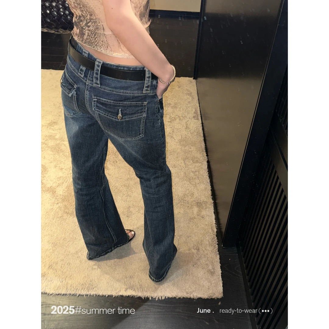 SUNONEONE 猫须磨白修身微喇牛仔裤女夏美式休闲低腰裤子H0956K
