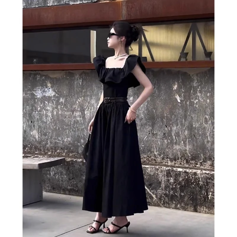 韩版赫本风黑色荷叶边连衣裙女装夏季新款百搭设计漂亮收腰长裙子