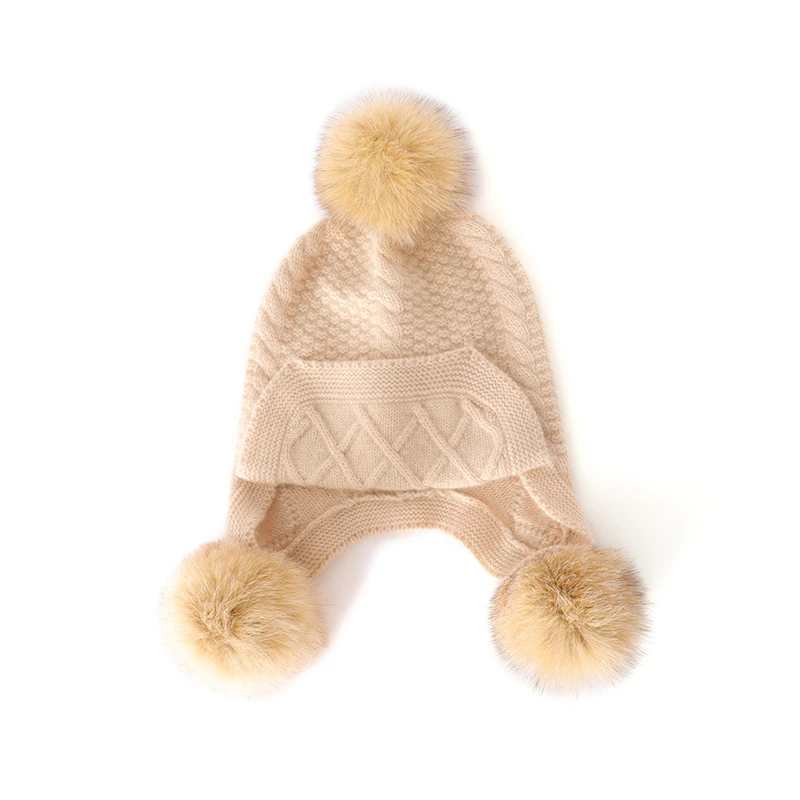 狐狸毛球帽子女士山羊绒帽保暖加厚针织帽秋冬休闲风可爱帽子护耳