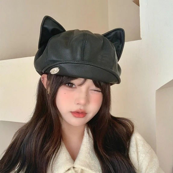 韩系ins卡通可爱猫耳朵贝雷帽女秋冬季甜美百搭显脸小八角帽帽子