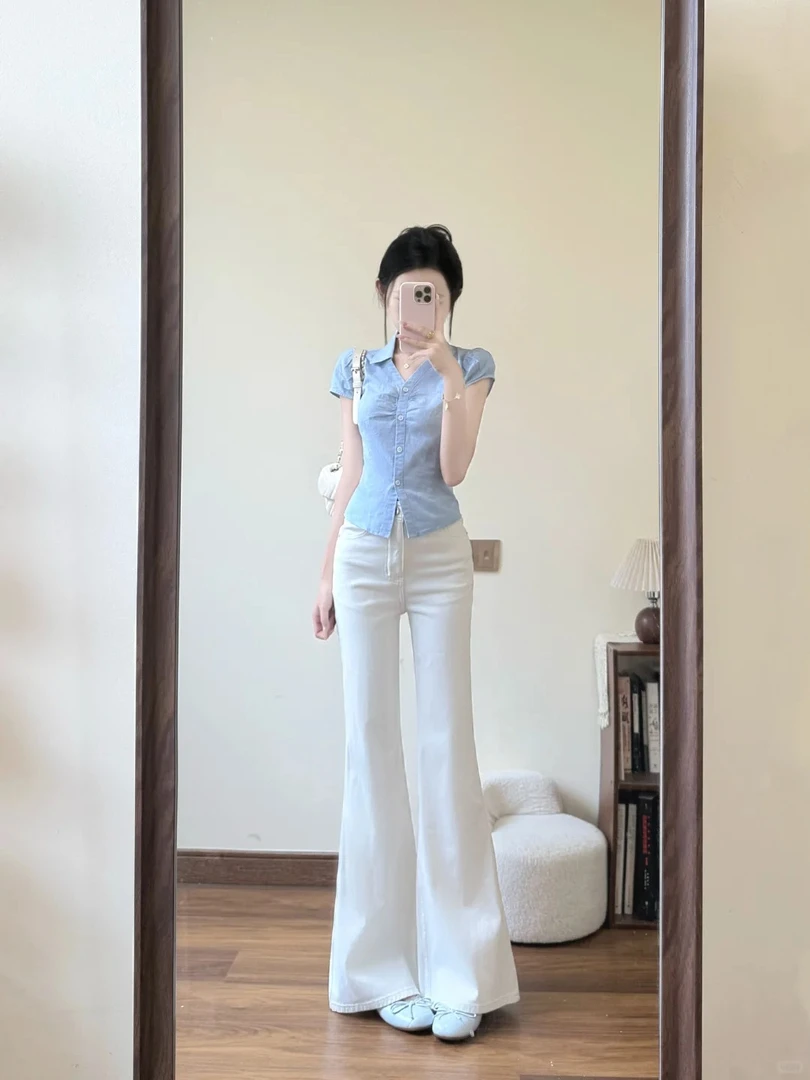 2025夏季新款高级感蓝色衬衫上衣百搭微喇裤两件套装显瘦气质时尚
