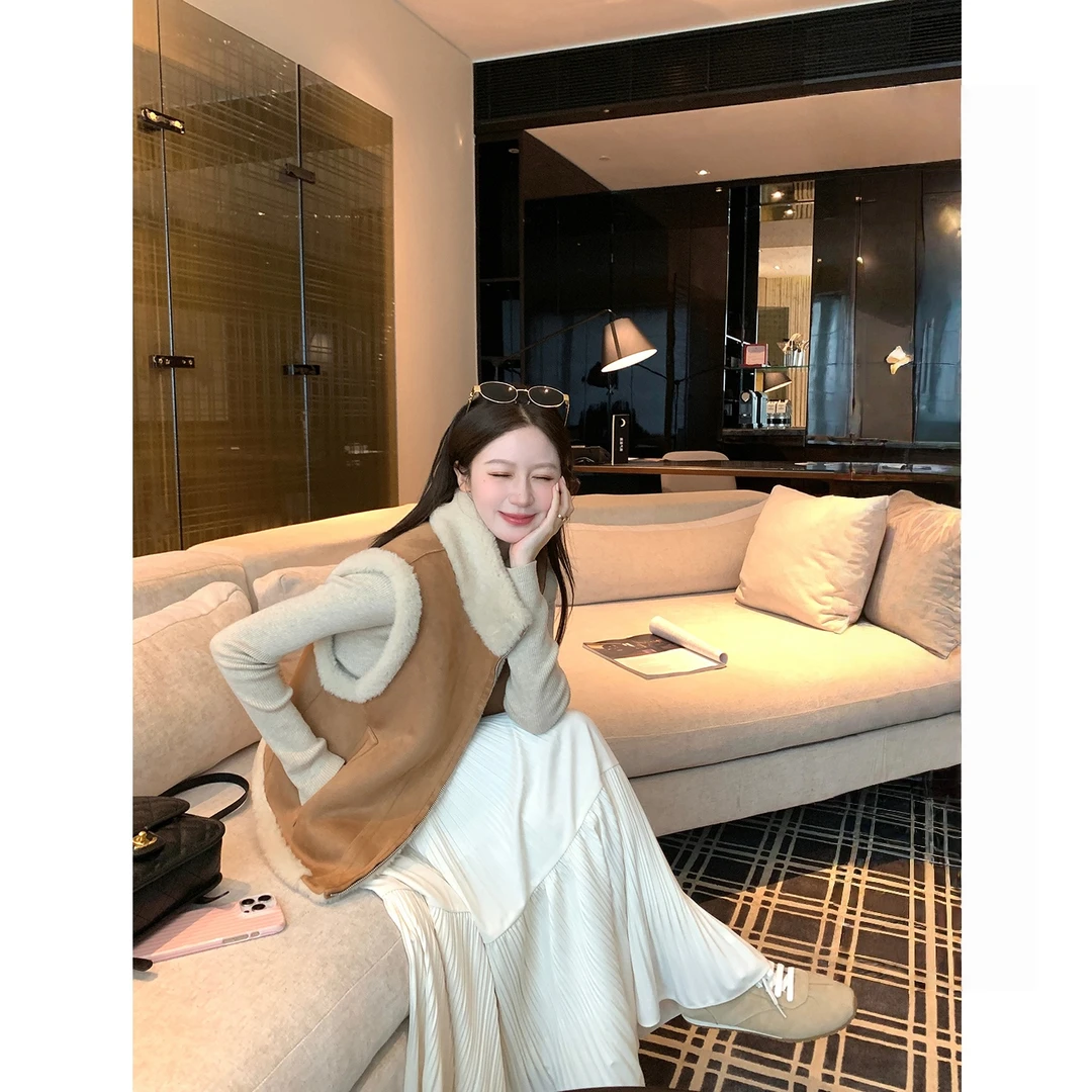 【冬日开场】双面穿麂皮马甲女羊羔毛无袖短款外套