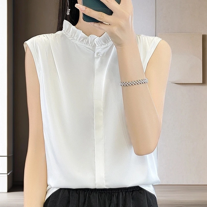 洋气木耳花边无袖女士打底背心内搭气质时尚百搭纯色显瘦法式2930