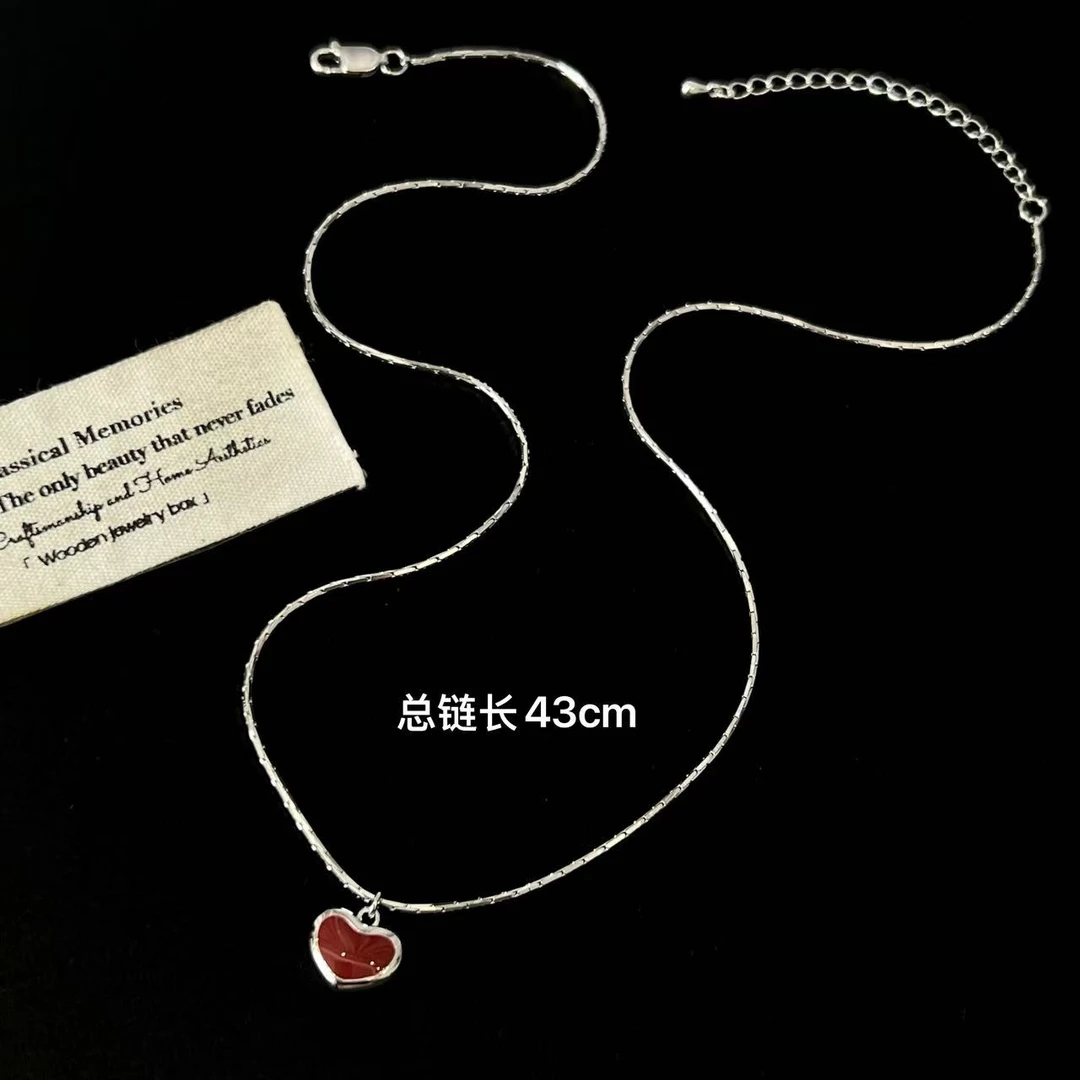 坠链均925银 韩系简约滴釉小红心项链