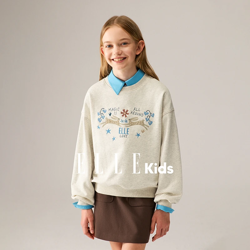 ELLEKIDS童装经典圆领绣花卫衣百搭长袖休闲风宽松秋季慵懒随性Q3