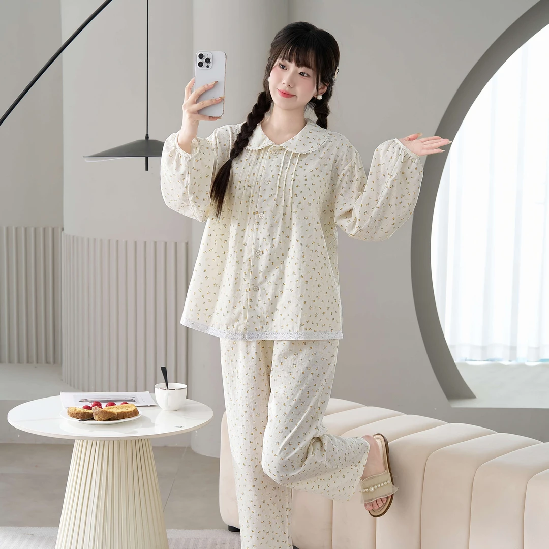 春夏季长袖长裤碎花纯棉棉纱女士透气居家服睡衣套装2502#