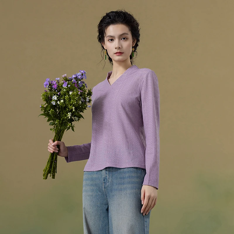 生活在左2025秋季新品优雅提花国风交襟领T恤女1953231