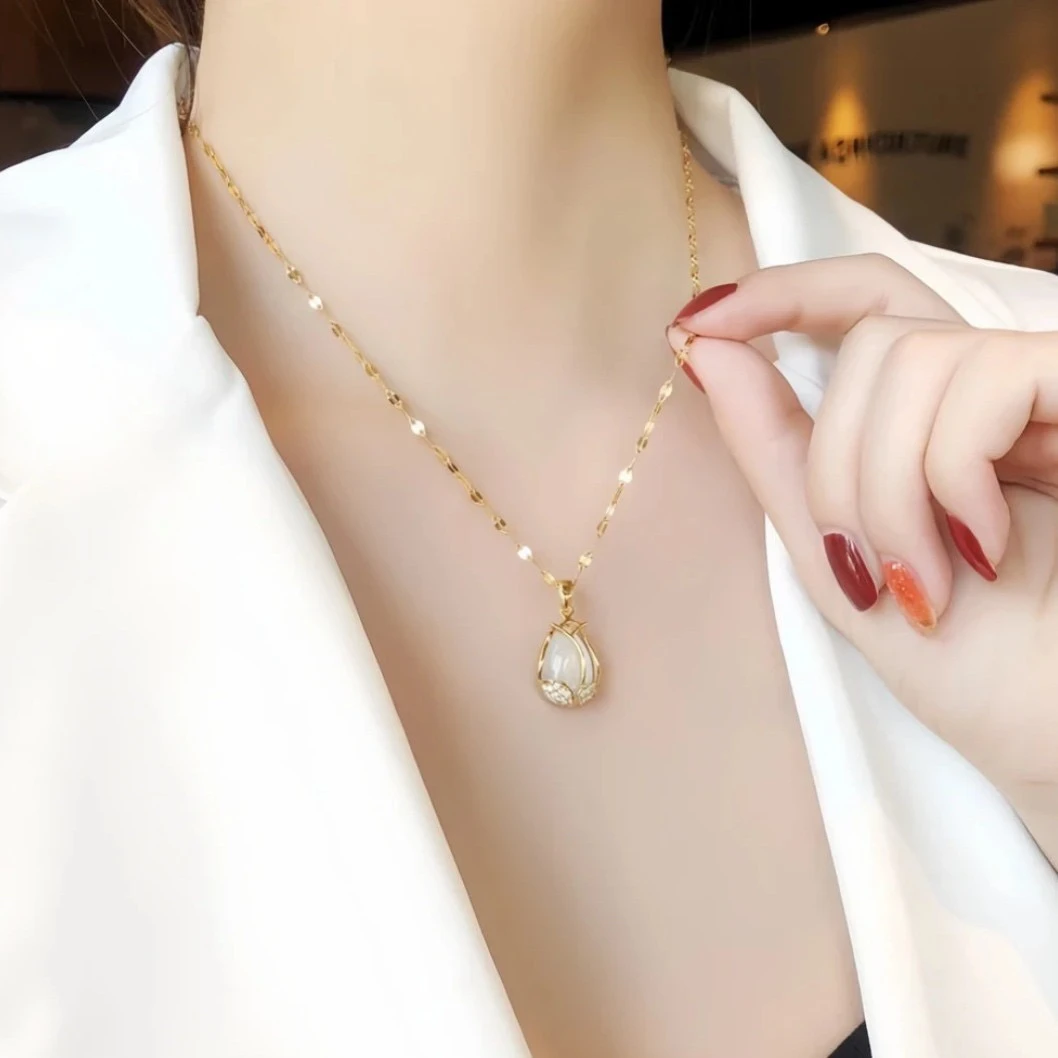 钛钢琉璃耳饰 项链轻奢新款百搭郁金香水滴气质流行性耳坠项链