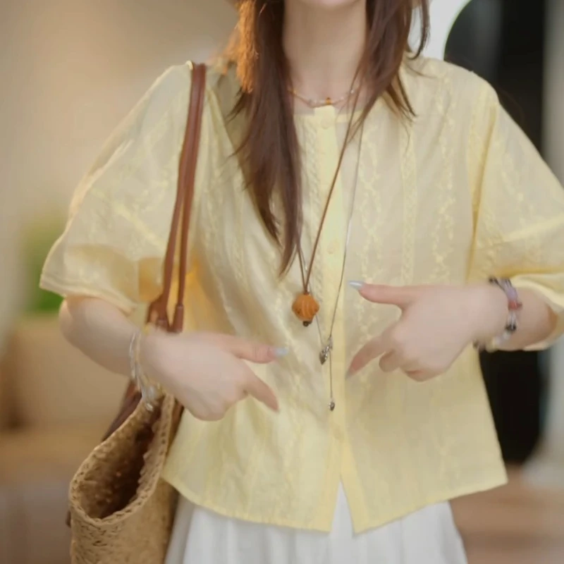 2025夏季法式时尚百搭设计感圆领短袖衬衫上衣LK2503619