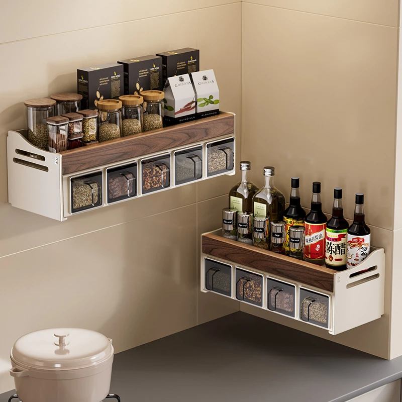 胡桃木家用厨房多功能调料架高端壁挂式墙上台面调味品收纳置物架