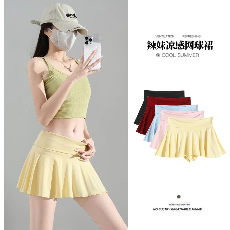 黄色运动网球裙女夏季2025新款高腰显瘦百褶裙美式辣妹防走光短裙
