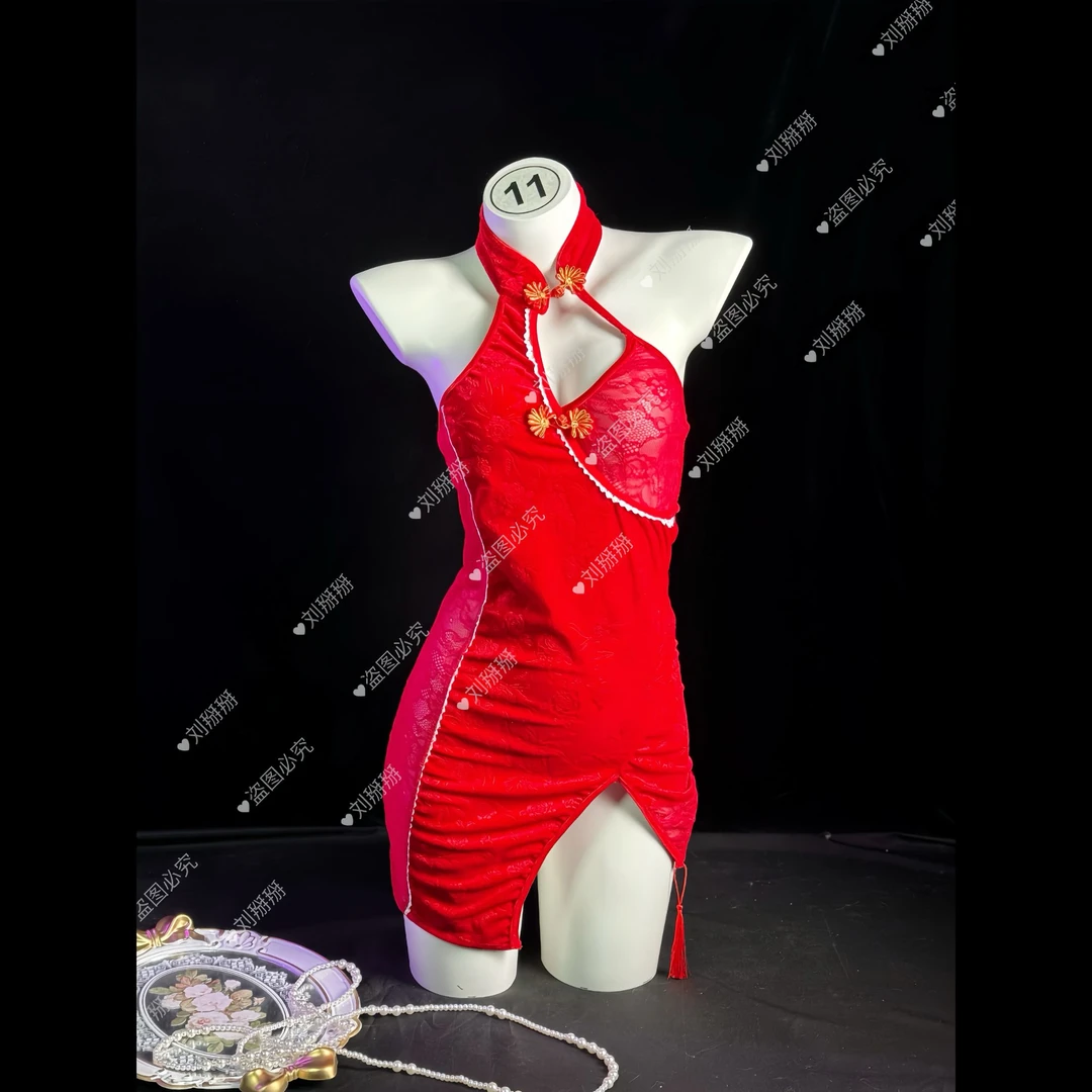 刘掰掰【风情万种】新款旗袍蕾丝拼接丝绒睡裙纯欲性感家居服修身款