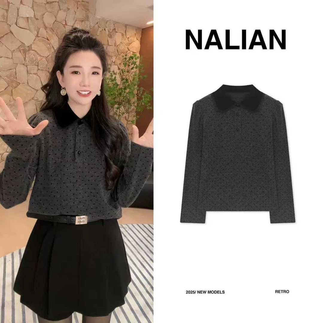 拿恋JGCDD6506#高级波点翻领显瘦洋气减龄上衣6506