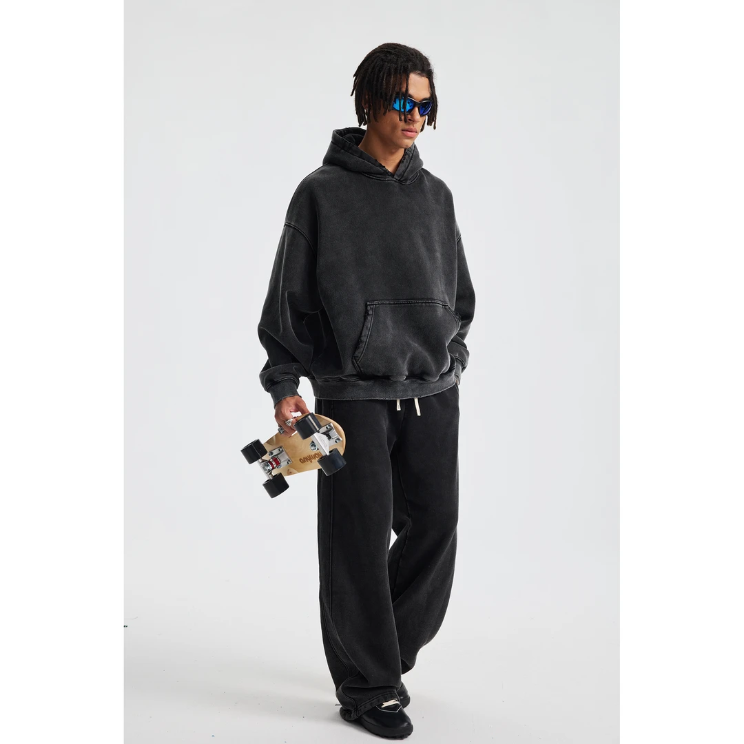 Dickerso短款BOXY版洗水卫衣冬季370G加绒炒雪花磨破卫衣裤套装