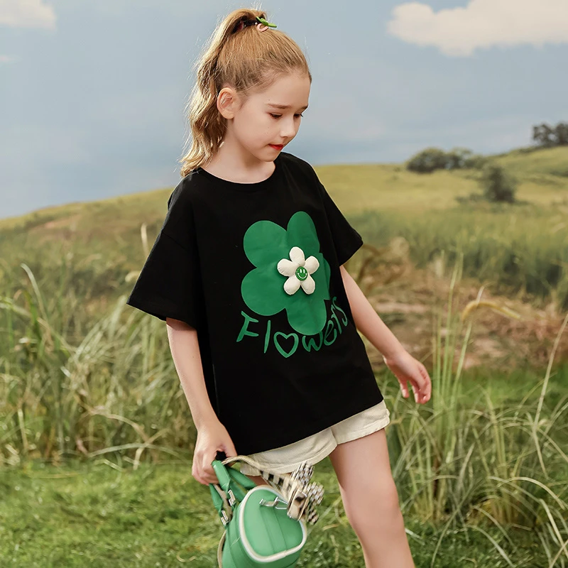 贝蒂女童洋气薄款黑色T恤短袖2025新款夏季儿童中童韩版上衣21869