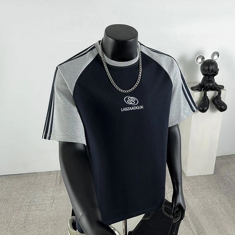 美式潮牌简约字母印花三条杠纯棉短袖t恤男夏季复古休闲拼接上衣