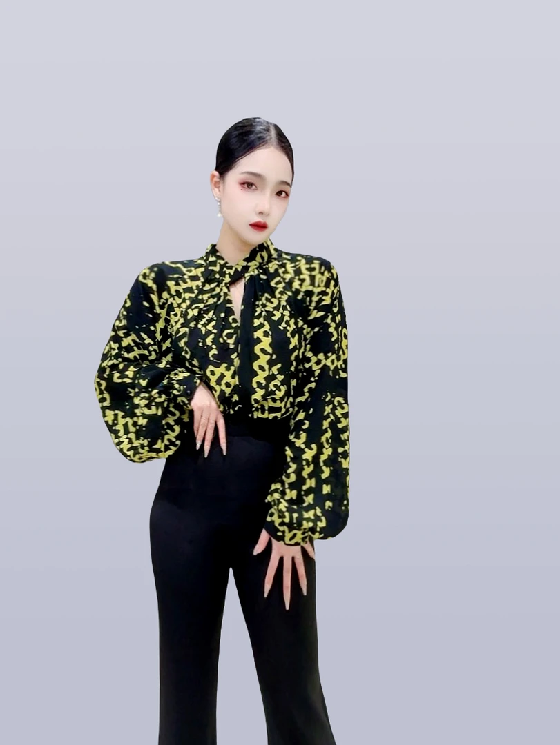 【娟姐】衬衣圆领泡泡袖吸汗外套春季衬衫豹纹常规休闲印花35134