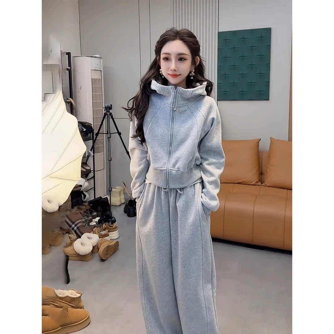 欧洲站气质时尚休闲套装女秋冬季新款韩版运动加绒卫衣卫裤两件套