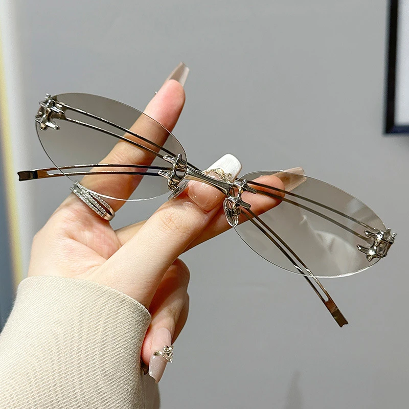 无框椭圆金属高级感水银色墨镜女Y2K亚裔欧美辣妹风太阳镜