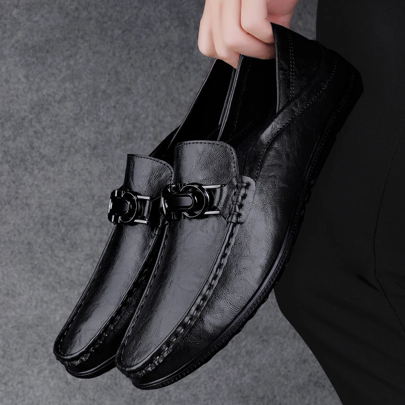 时尚豆豆鞋男2025新款软面透气休闲皮鞋男士一脚蹬软底两穿驾车鞋