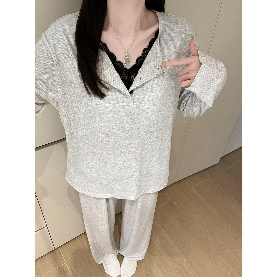 Meng luan/梦鸾带胸垫睡衣女春秋款韩系性感蕾丝高级感长袖家居服