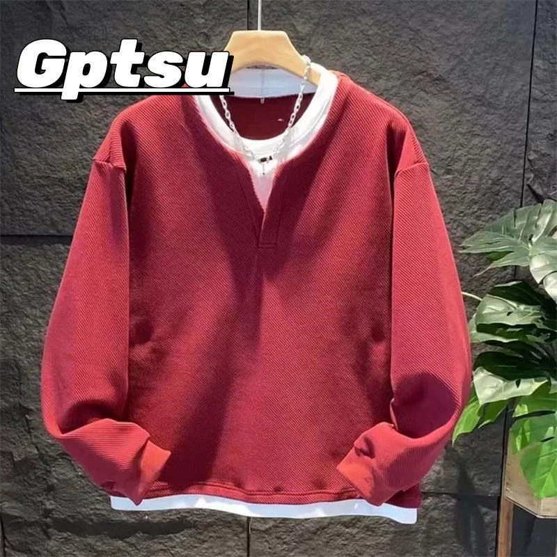 GPTSu春秋季假两件男百搭时尚空气层套头卫衣韩版潮流宽松打底衫