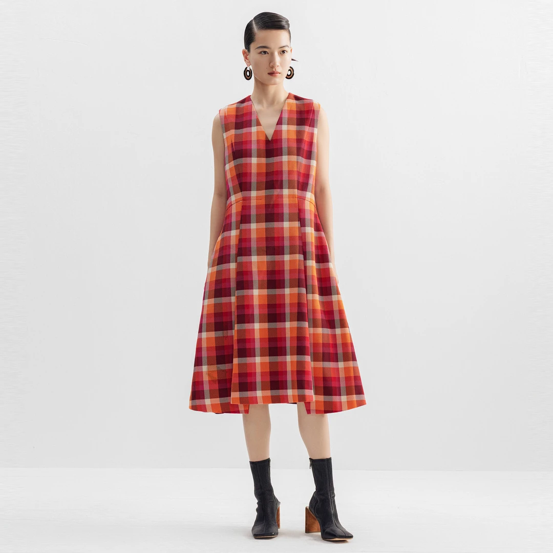 【妍妍精选】ZHUCHONGYUN原创设计格纹收腰无袖连衣裙