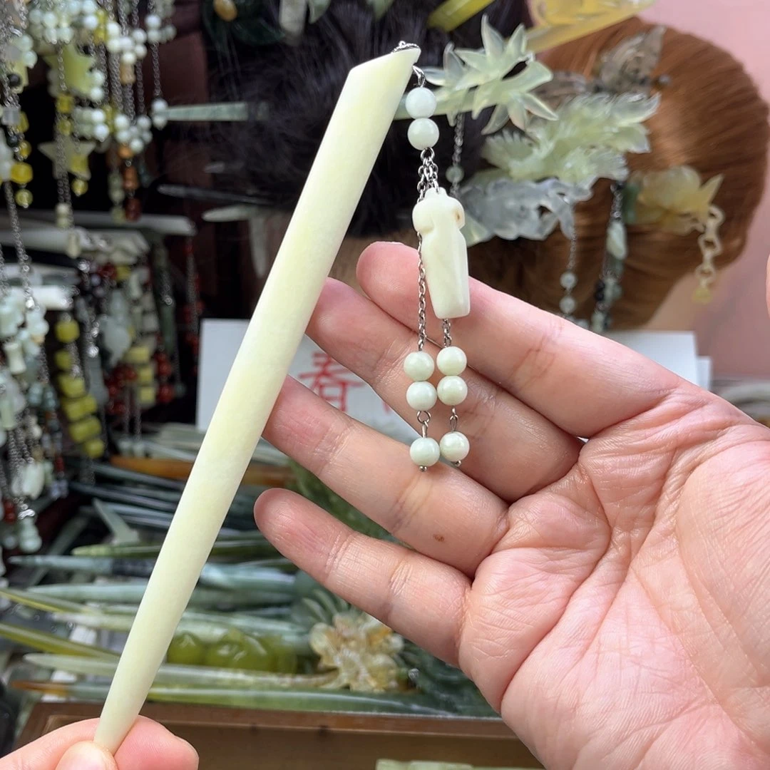 蛇纹石玉发饰未镶嵌长度18厘米左右