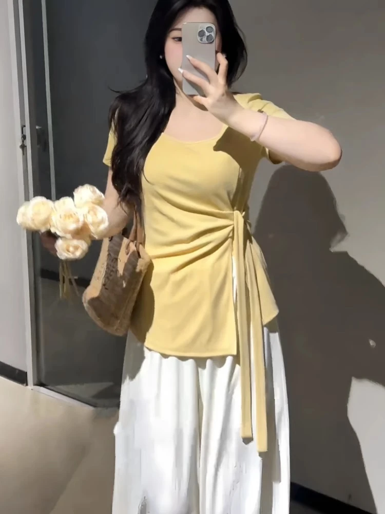 大码法式设计感侧面绑带方领上衣女夏季胖mm掐腰显瘦正肩短袖t恤